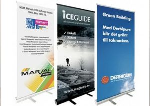 a row of mounted photos with differing images stand before a white background